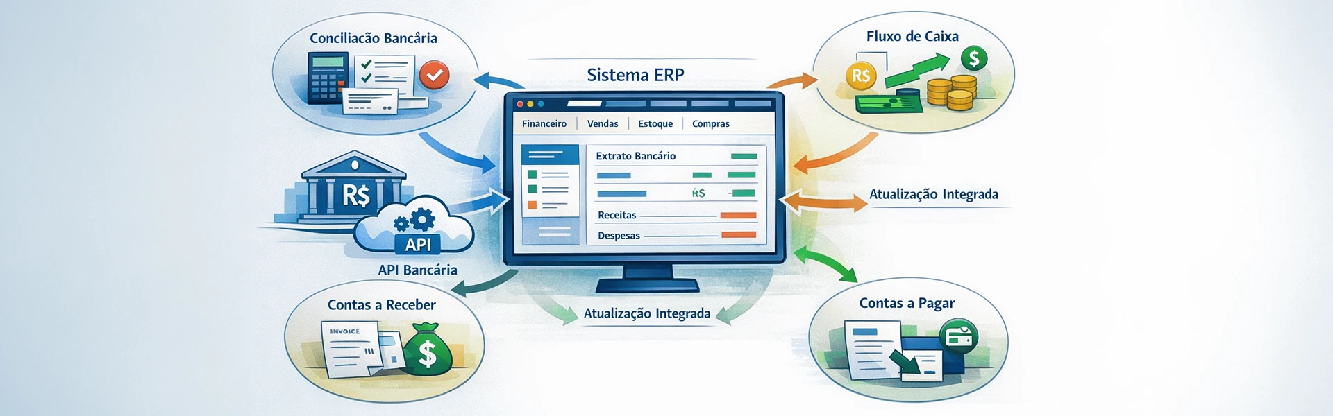 Fluxo de integração do extrato bancário via API no ERP com conciliação automática, fila de exceções e lançamentos rastreáveis.