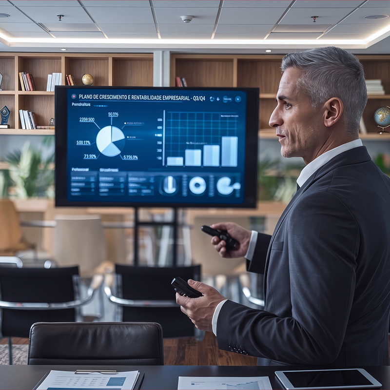 Executivo financeiro analisando saldos online e visibilidade de caixa em ambiente corporativo.